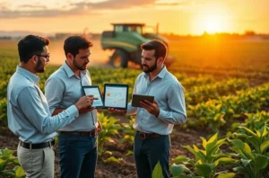 Ilustração de influenciador em demonstração no campo com agricultores, demonstrando impacto prático e persuasão.