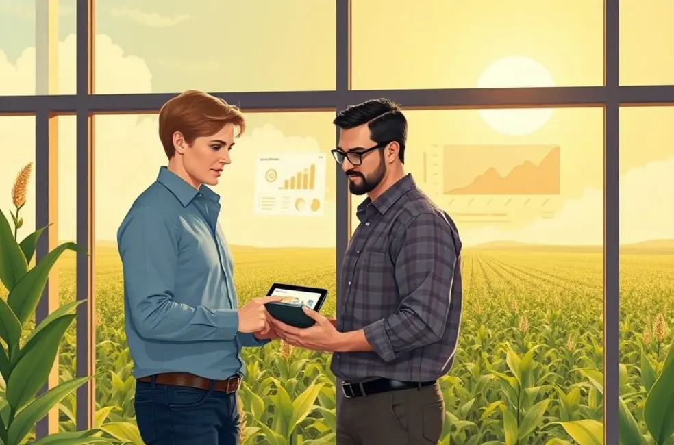 Ilustração de equipe de marketing rural analisando segmentação, atribuição e criativos dinâmicos para campanhas no agro