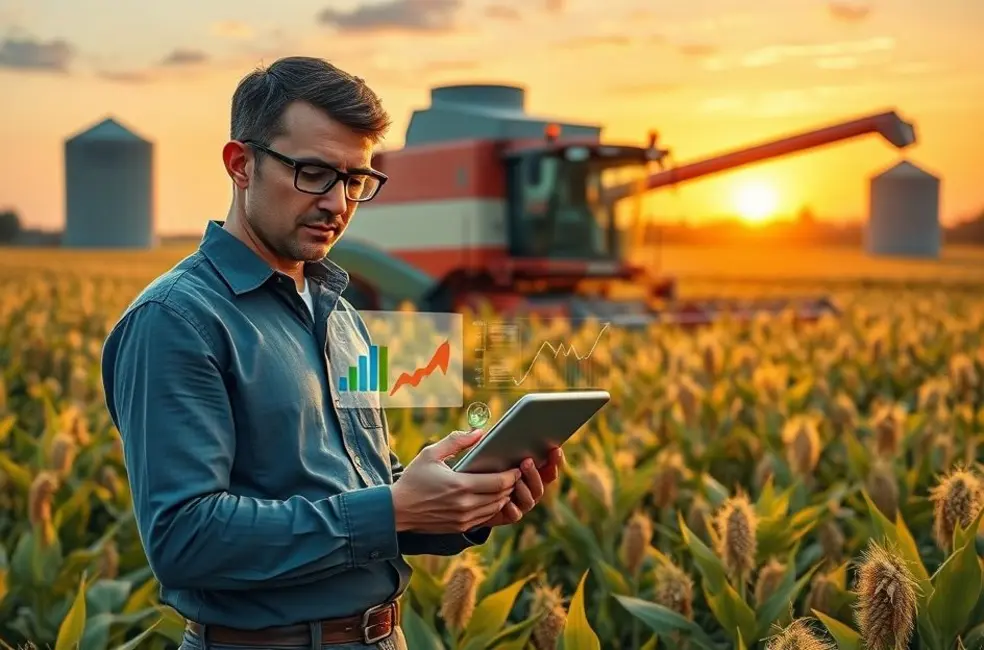 Equipe de marketing agro revisando um painel ilustrado de métricas de branding com mapas e gráficos.