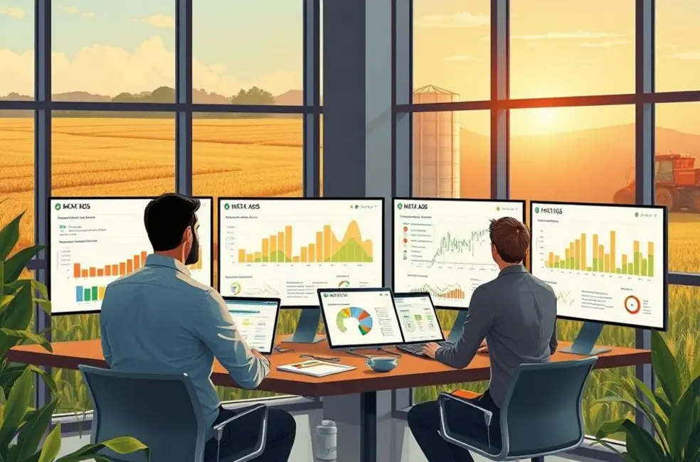 Equipe reunida em sala com tela mostrando variações de criativos sugeridos para campanhas do agro.