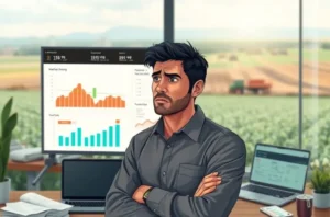 Profissional de marketing agro com tablet no campo analisando dados e prioridades financeiras.