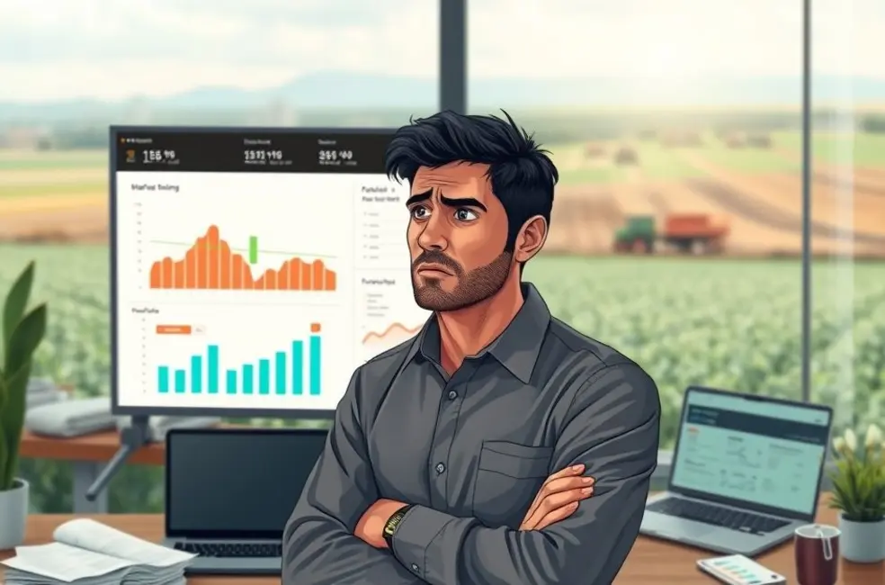 Profissional de marketing agro com tablet no campo analisando dados e prioridades financeiras.