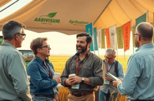 Ilustração de profissionais do agro cumprimentando-se e trocando informações em ambiente rural, simbolizando construção de networking.