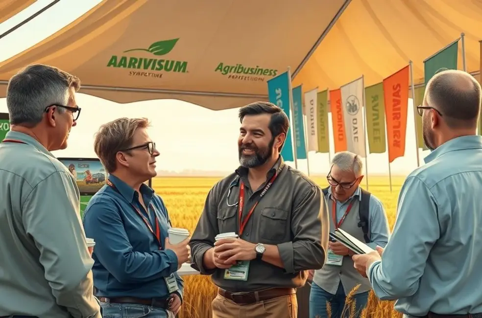 Ilustração de profissionais do agro cumprimentando-se e trocando informações em ambiente rural, simbolizando construção de networking.