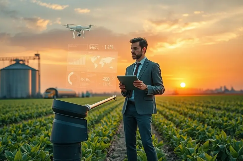 Equipe de marketing e líderes do agro analisando rota estratégica com dashboards e mapa.