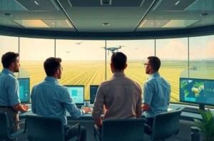 Equipe de agromarketing em escritório de fazenda analisando uma tela com widgets de aplicativos integrados ao ChatGPT.