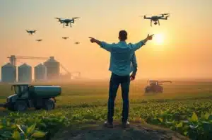 Executivo agrícola revisando planos estratégicos com maquinário e silos ao fundo, simbolizando investimento estratégico.