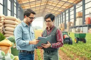 Gestor de marketing do agro com tablet mostrando gráficos estratégicos em frente a uma área agrícola e máquinas.
