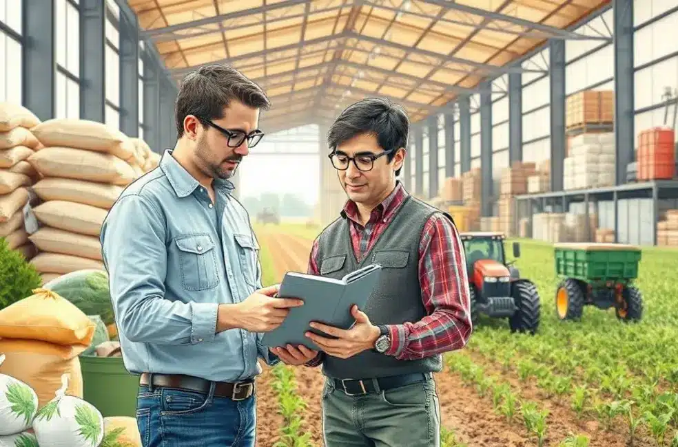 Gestor de marketing do agro com tablet mostrando gráficos estratégicos em frente a uma área agrícola e máquinas.