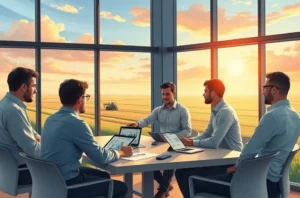 Ilustração de profissional do agro usando smartphone em frente a uma paisagem agrícola, sugerindo interação para acesso ao episódio do podcast.