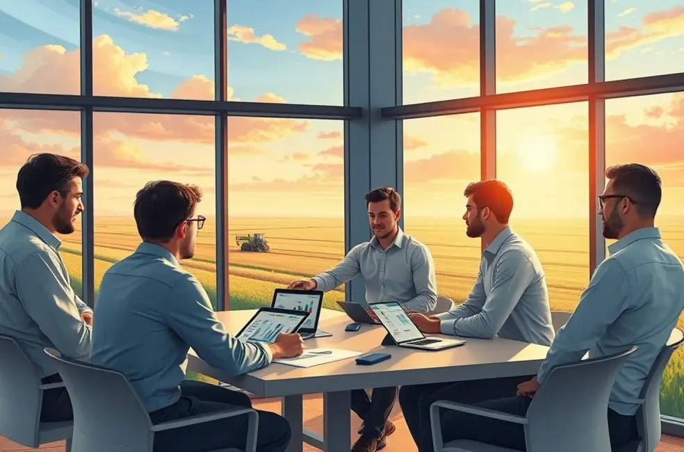 Ilustração de profissional do agro usando smartphone em frente a uma paisagem agrícola, sugerindo interação para acesso ao episódio do podcast.