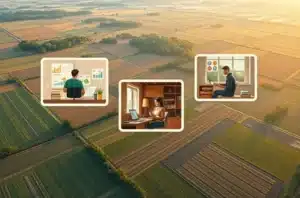 Ilustração de profissional de marketing com smartphone e elementos agrícolas no escritório.