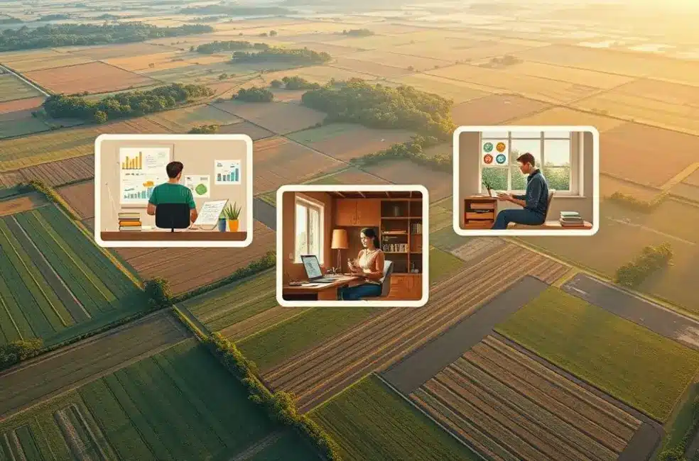 Ilustração de profissional de marketing com smartphone e elementos agrícolas no escritório.