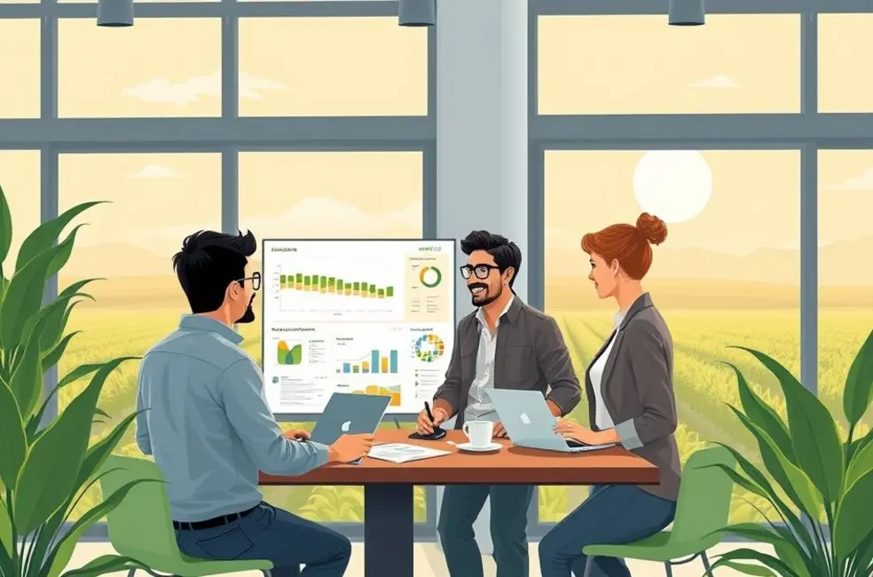 Ilustração de um analista de marketing agro consultando um checklist digital em um tablet com uma cena rural ao fundo.