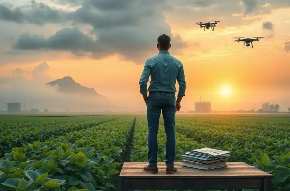 Ilustração mostrando gestor de marketing à beira de campo, metade cercada simbolizando zona de conforto e metade aberta representando oportunidades.