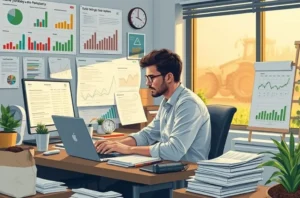 Ilustração de profissional de marketing rural sobrecarregado com celular e laptop diante de calendário agrícola.