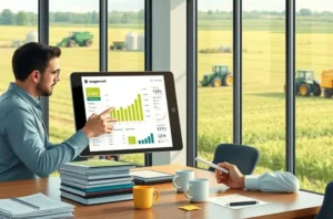 Ilustração de profissional de marketing agro mostrando gráficos de engajamento em tablet com cenário rural ao fundo.