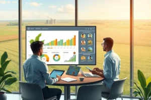 Equipe de marketing do agro reunida ao redor de uma mesa revisando métricas e planejando campanhas com paisagem rural ao fundo.
