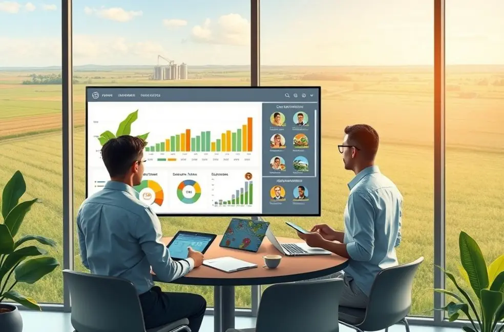 Equipe de marketing do agro reunida ao redor de uma mesa revisando métricas e planejando campanhas com paisagem rural ao fundo.