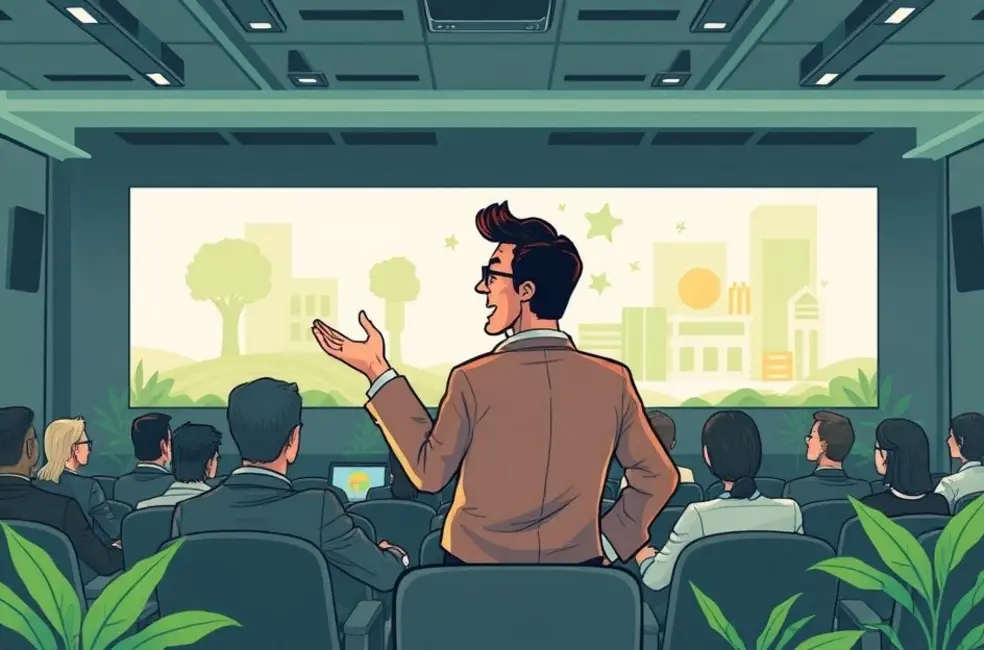 Ilustração de Rafael Kiso no palco falando sobre estratégias de marketing digital para o agronegócio.