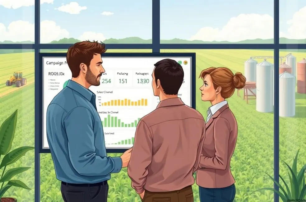 Ilustração de capa com gestor de marketing apontando para dashboard e elementos do agronegócio como armazém e maquinário.