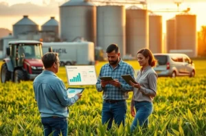 Ilustração de profissional de marketing agro avaliando cursos com elementos agrícolas ao redor.