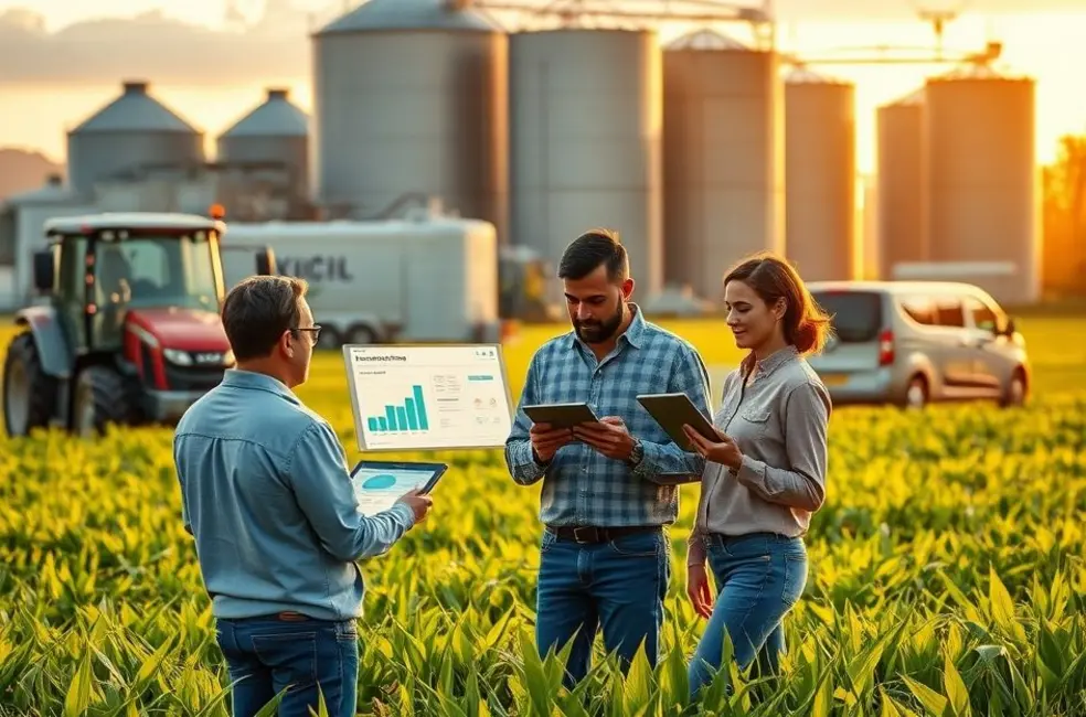 Ilustração de profissional de marketing agro avaliando cursos com elementos agrícolas ao redor.