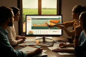 Equipe em reunião com gráficos e mapas de audiência, com campo agrícola ao fundo.