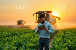 Ilustração conceitual de liderança em agromarketing apontando para um horizonte que mistura campo e rede de IA, representando visibilidade em assistentes.