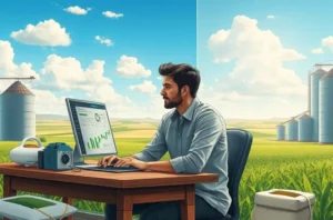 Ilustração que mostra um analista de marketing e um produtor rural discutindo dashboards de SEO com um campo ao fundo.