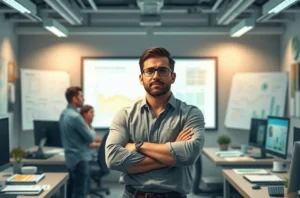 Ilustração de equipe de marketing agro reagindo a um post com erro, em escritório com elementos agrícolas.