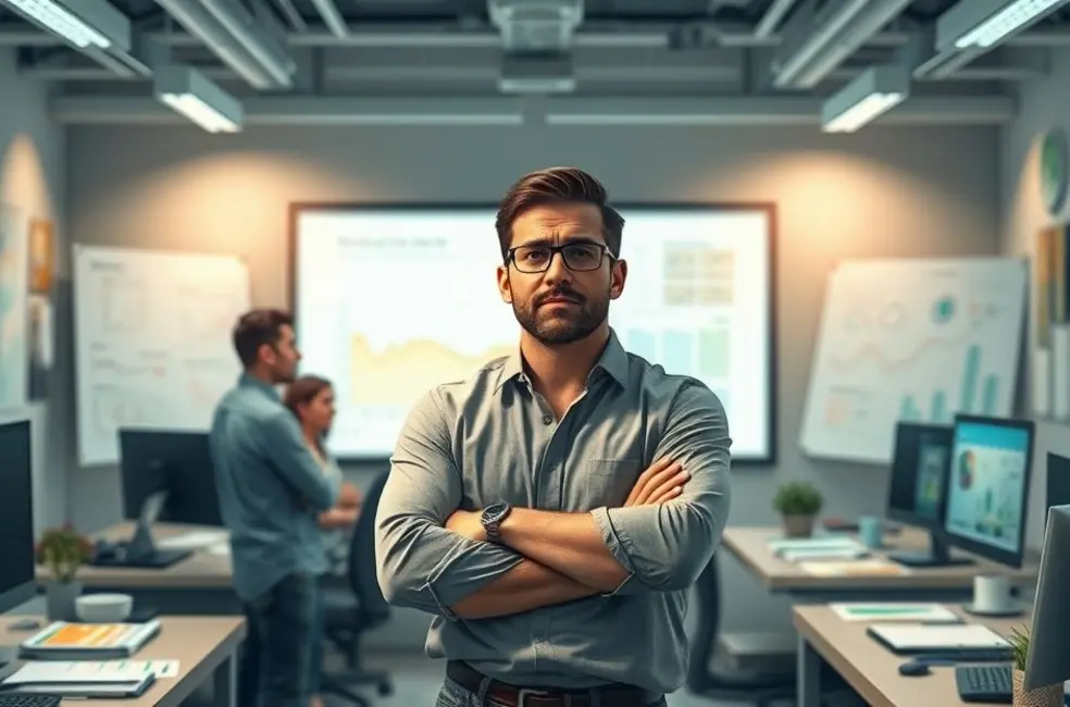 Ilustração de equipe de marketing agro reagindo a um post com erro, em escritório com elementos agrícolas.