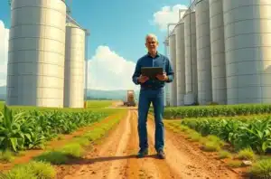 Figura analisando acordos de canais e esboços de estratégia digital em escritório com elementos agrícolas