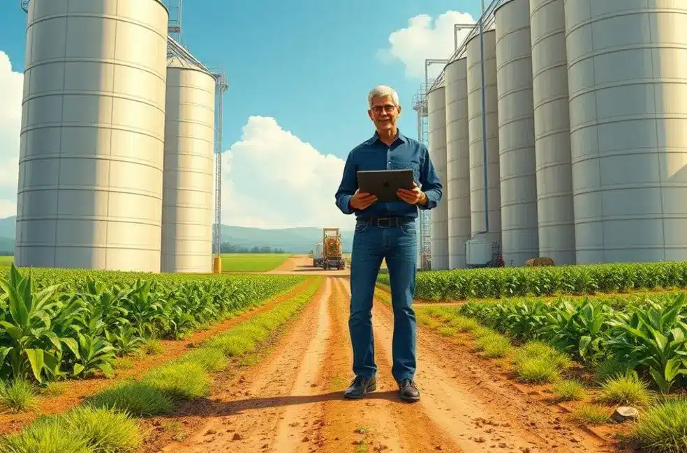 Figura analisando acordos de canais e esboços de estratégia digital em escritório com elementos agrícolas