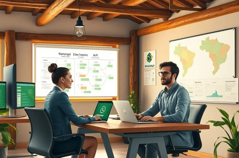 Imagem em estilo ilustrativo mostrando WhatsApp pessoal, Business App e API integrados a sistemas e cenários do agronegócio.