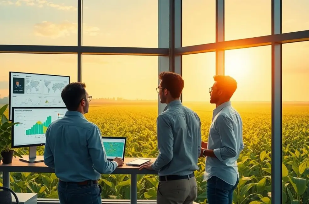 Ilustração de uma equipe de agromarketing observando uma lavoura saudável, simbolizando prosperidade e ação.