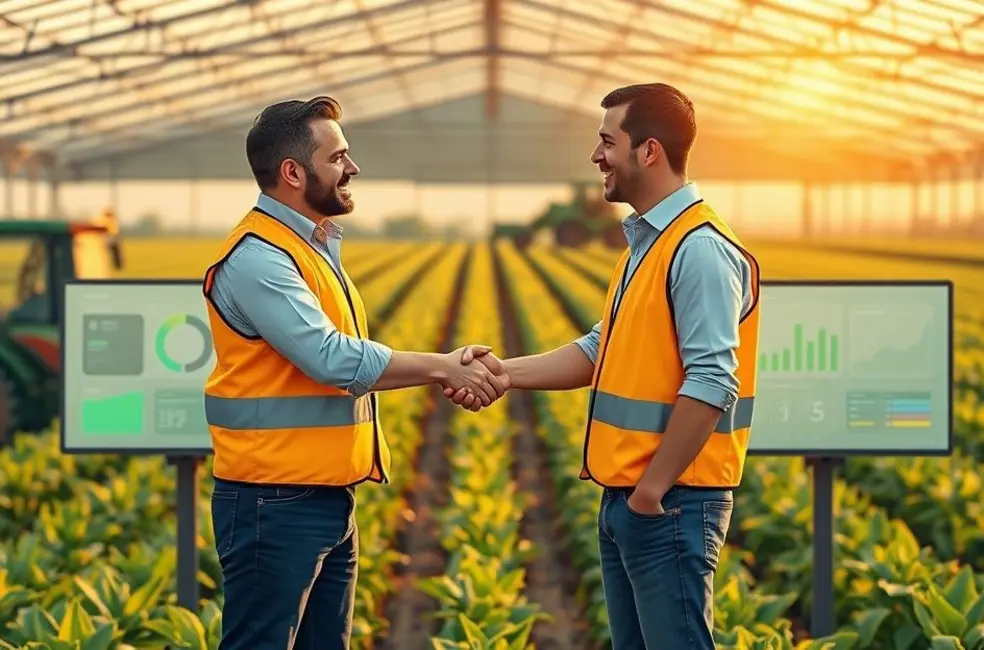Ilustração de equipe de marketing do setor agro aplaudindo em torno de um troféu em escritório com elementos agrícolas.