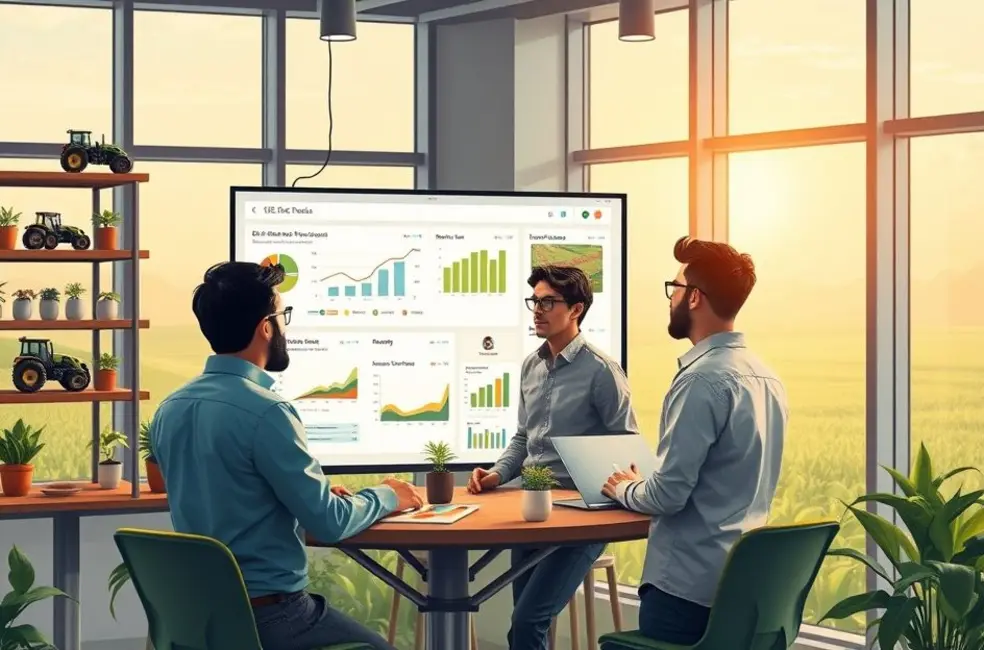 Ilustração mostrando equipe de marketing do agronegócio planejando webinar sobre o futuro do SEO.