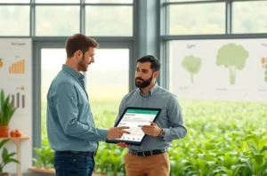 Ilustração de gerente agrícola usando tablet para concluir compra via checkout do ChatGPT.