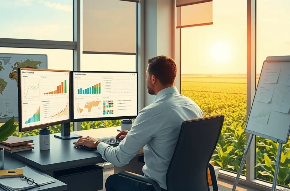Profissionais de marketing agro reunidos em escritório rural analisando vídeos de campo e gráficos técnicos.