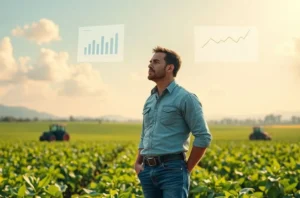 Ilustração de uma equipe de marketing agro reunida em ambiente rural, revisando estratégia e cronogramas.