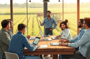 Líder e equipe agrícola reunidos em campo, olhando um tablet com indicadores de progresso, representando alinhamento e metas comuns.