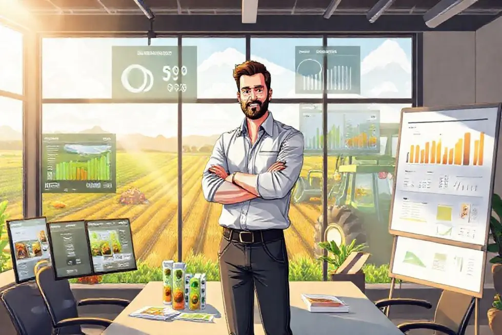 Ilustração de gráfico de conversão crescente sobre paisagem agrícola com silos e máquinas, representando reconhecimento de marca.