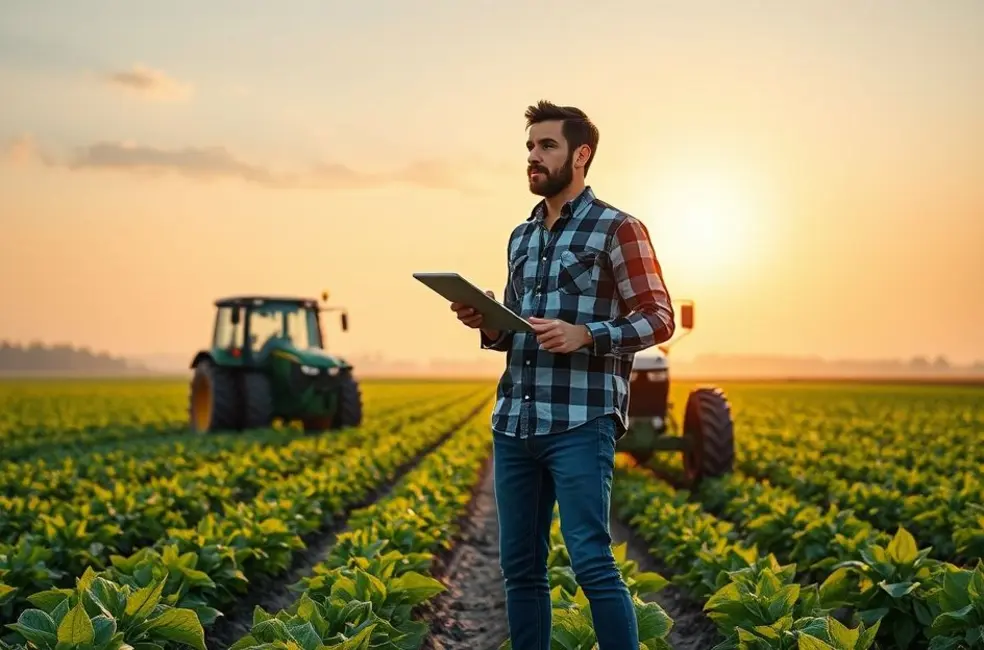 Ilustração simbólica de um jovem atleta ao lado de elementos agrícolas, representando resiliência e superação para profissionais de agromarketing.