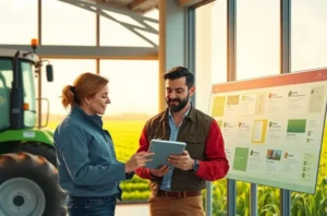 Ilustração de um gestor de marketing agro assistindo uma sequência de episódios do novo feed de novela no TikTok em um tablet na varanda de uma fazenda.