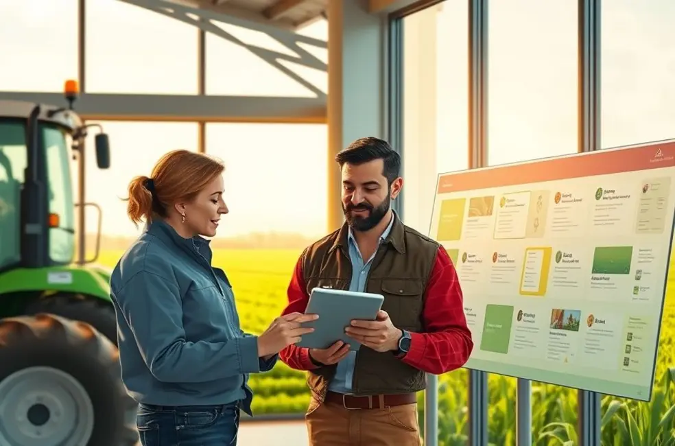 Ilustração de um gestor de marketing agro assistindo uma sequência de episódios do novo feed de novela no TikTok em um tablet na varanda de uma fazenda.