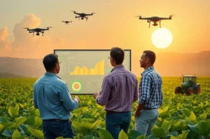 Ilustração de profissionais de marketing agro diante de uma tela com dashboards de IA e um cenário rural ao fundo.