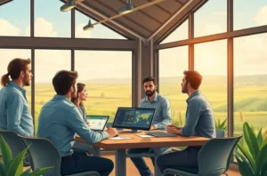 Ilustração de equipe de marketing do agro compartilhando clipes do podcast e anotando planos de ação.