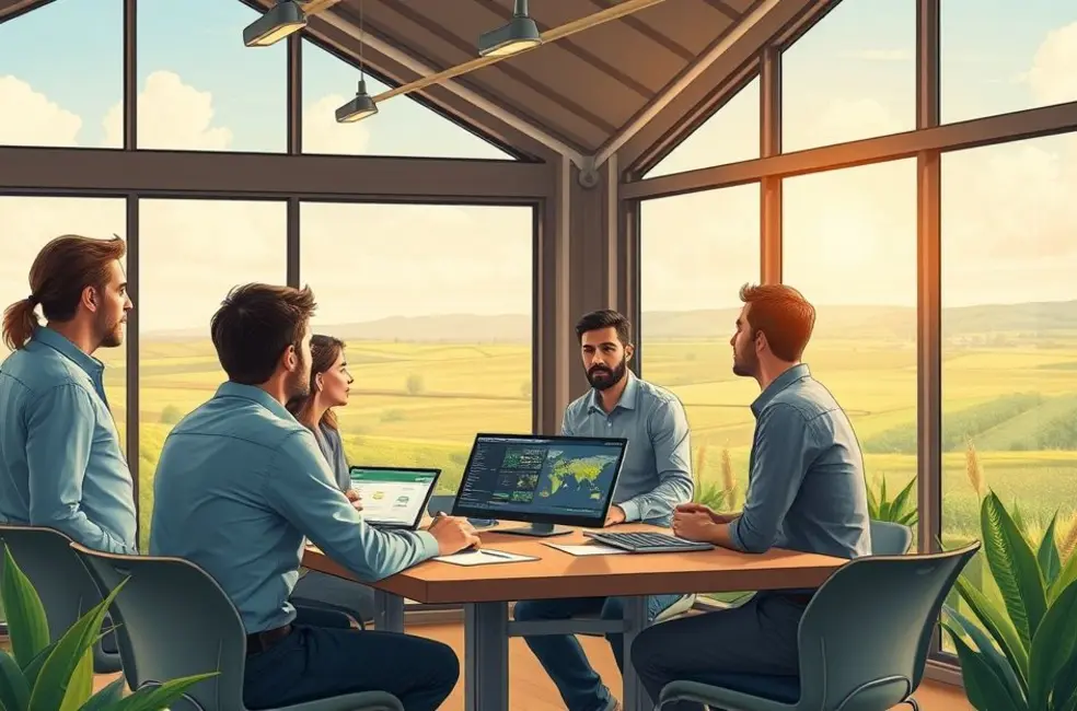 Ilustração de equipe de marketing do agro compartilhando clipes do podcast e anotando planos de ação.