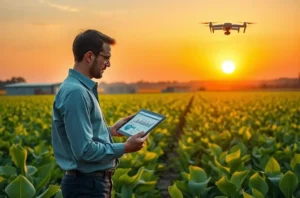 Ilustração de gestor no campo com materiais de marca e equipamentos agritechs ao redor, representando posicionamento estratégico.